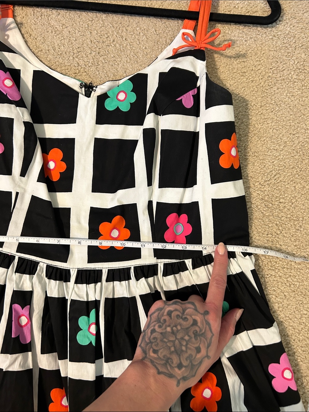 Hell Bunny Black Grid Sundress with Orange Straps and Multicolor Flowers - Picture 6 of 7